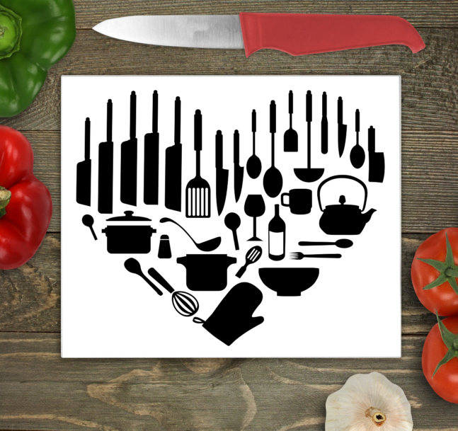 Utensil Heart Large Glass Chopping Board - Black - Click Image to Close